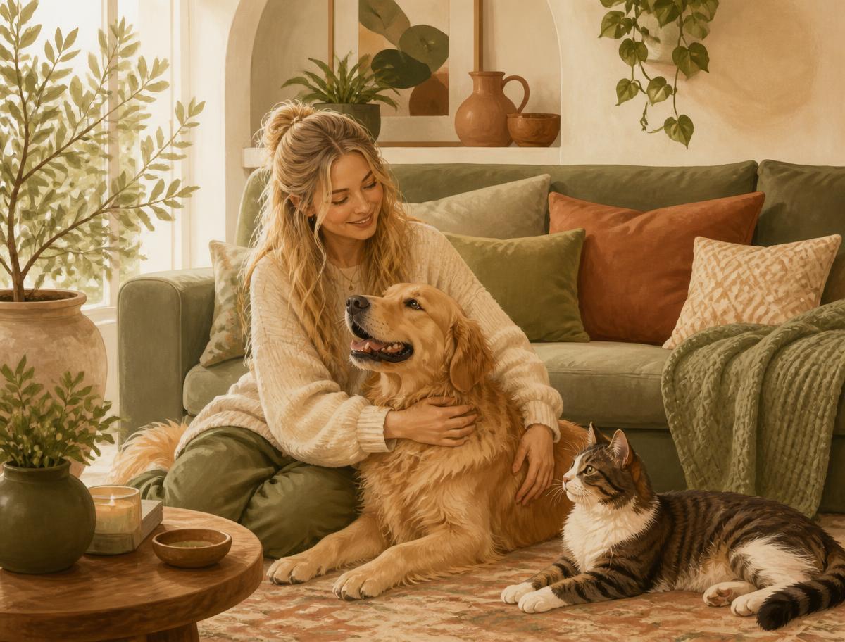 Pet sitter em Florianópolis cuidando de um cão e um gato na sala de casa
