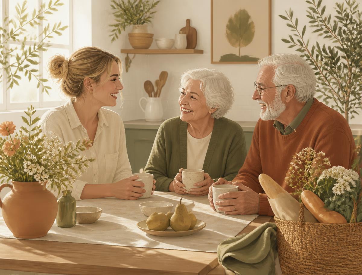 Sobrinha de aluguel tomando café e conversando com um casal de idosos na cozinha